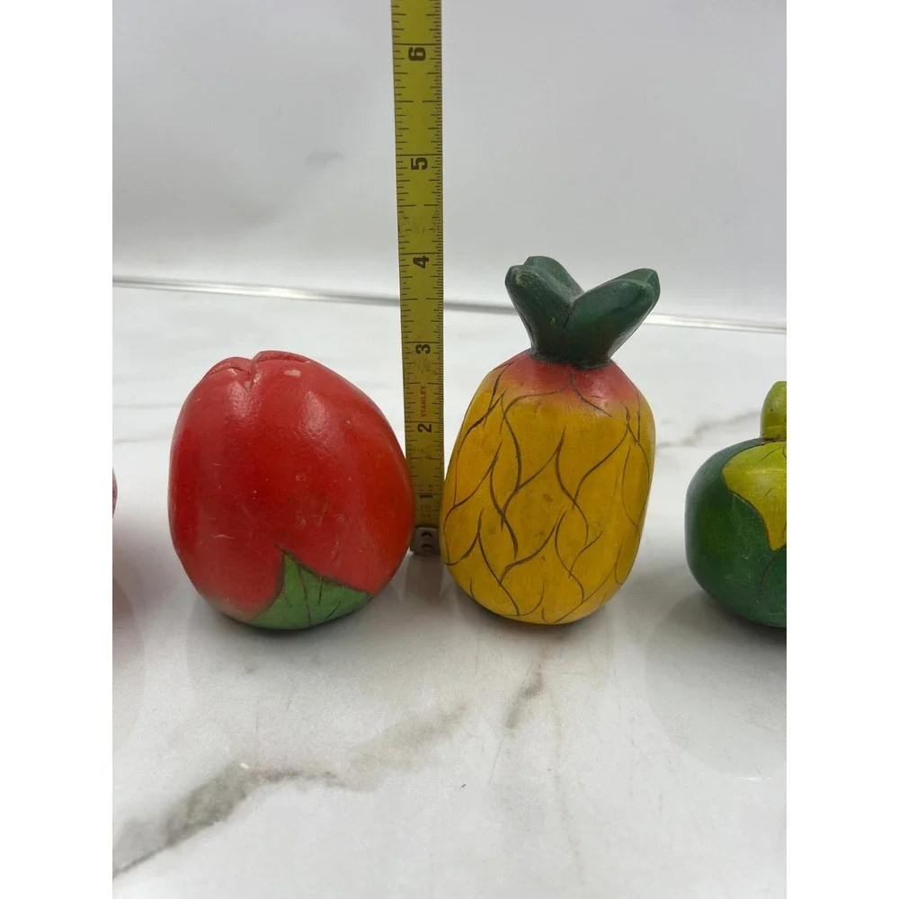 Vintage Hand Carved Wooden Fruit Set 6 Piece Decorative Pineapple Pears Folk Art
